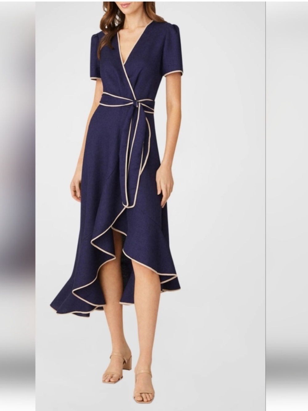 Shoshanna Navy Wrap Midi Dress with Contrast Trim
